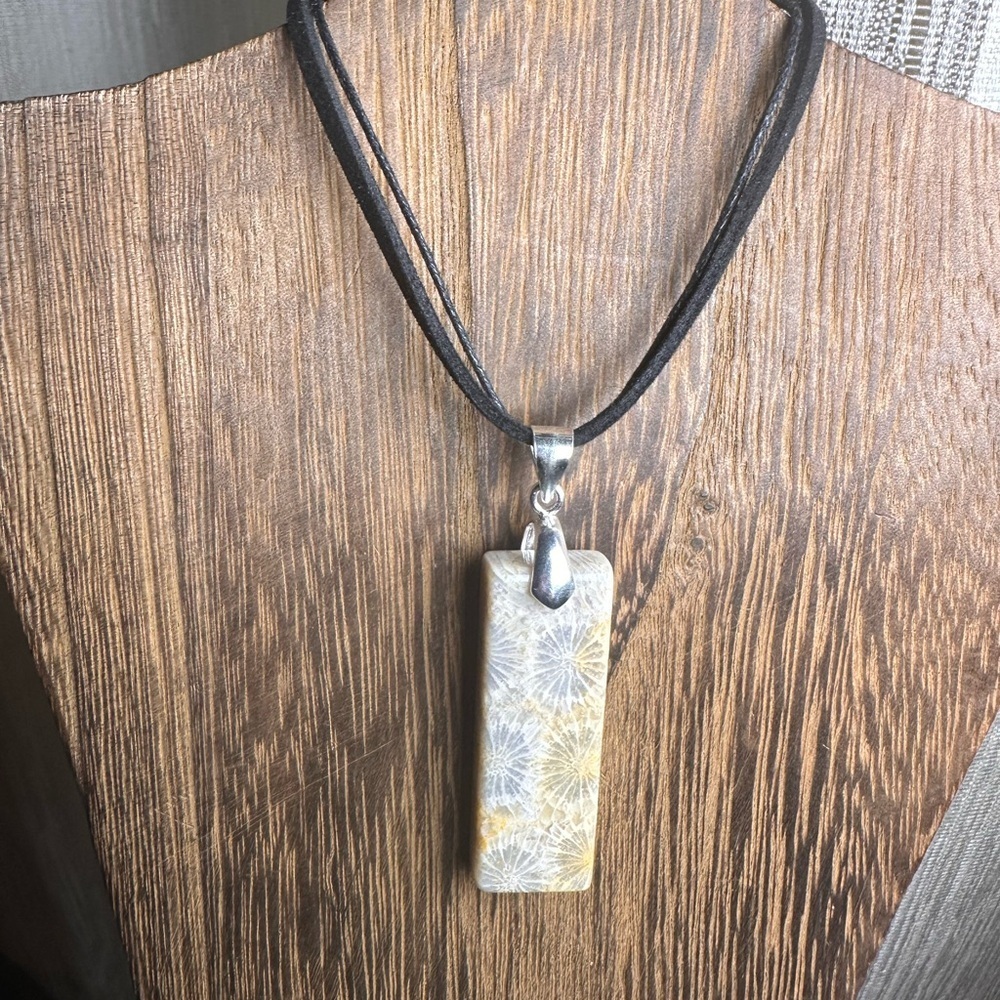 Coral Fossil Thin Rectangle Pendant Necklace on Black Rope - Picture 10 of 16